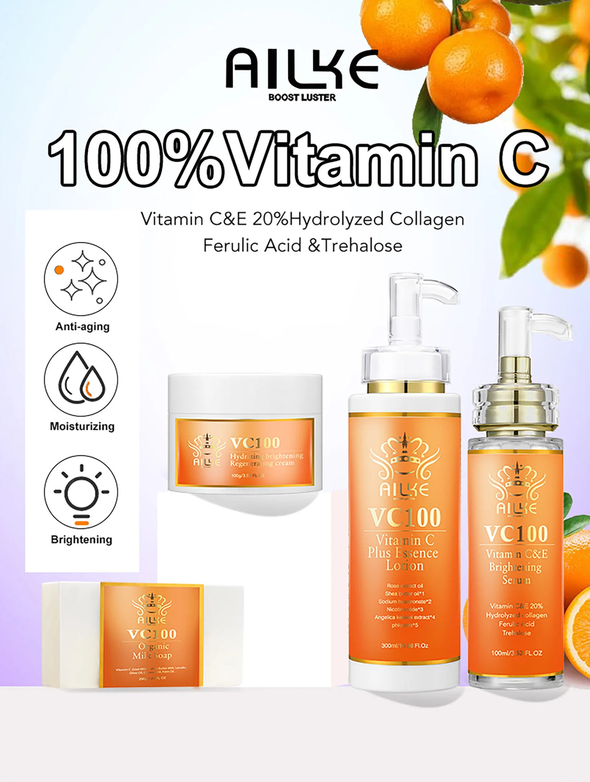 AILKE Vitamin C Brightening Moisturizing Women Skin Care Set, Anti Dark Spots, Nourishing Kit for Smooth, Even Radiant Skin Tone