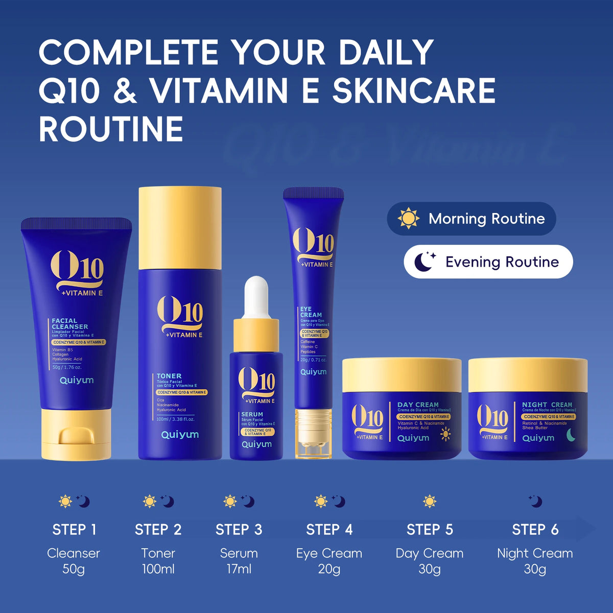 QUIYUM 6Pcs Coenzyme Q10 Vitamin E Anti-Aging Skincare Set, Cleanser Toner Serum Eye Cream Day Night Cream Hydrating Facial Kit