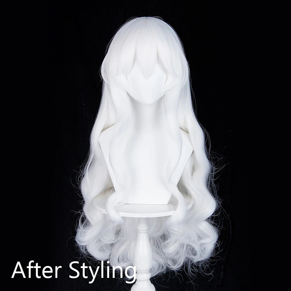 White Long Wavy Anime Game Cosplay Synthetic Wigs with Bangs Fluffy Heat Resistant Wig for Daily Party