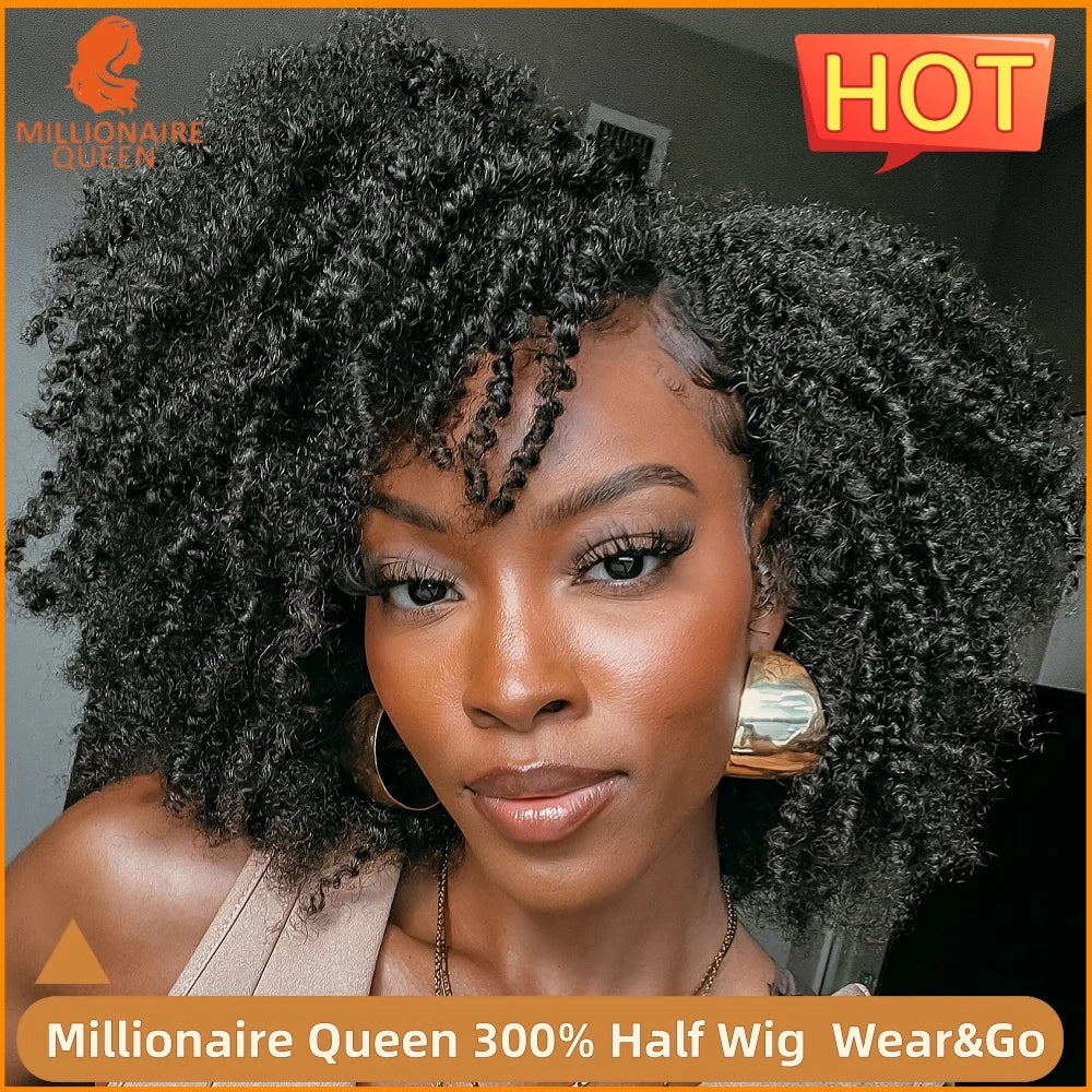 300% Millionaire Queen Half Wigs Wear and Go Beginner Friendly Headband Wig Pixie Curly Half Wig Clip Ins Flip Over Glueless Wig