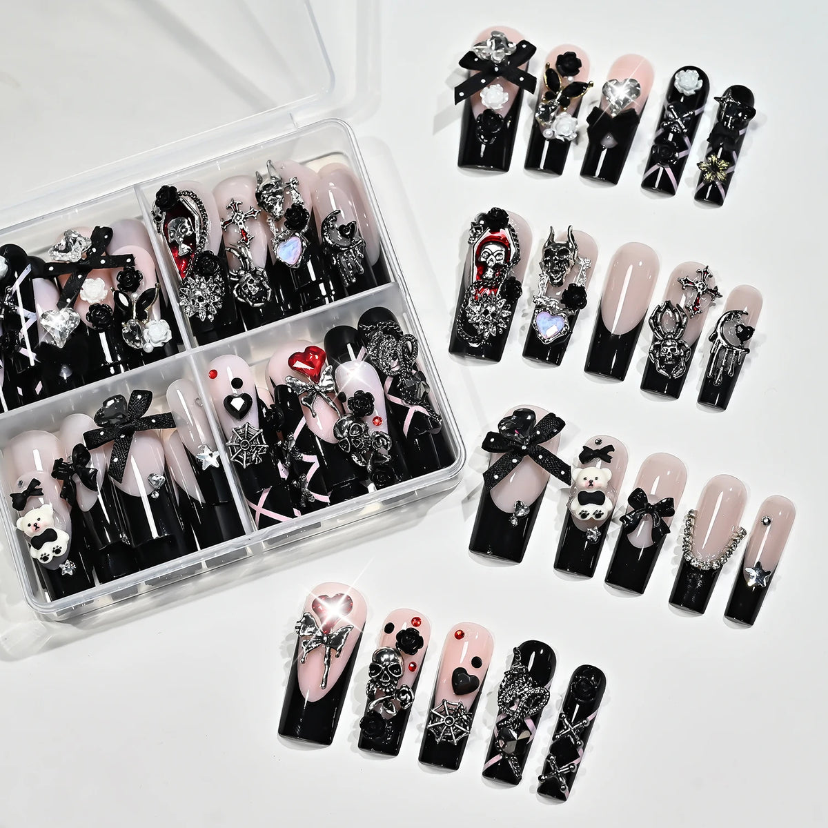 96PC Black French Long Coffin Halloween Press On Nails Y2K Cross Skull Spider Snake Bow False Nails Full Cover French Fake Nails