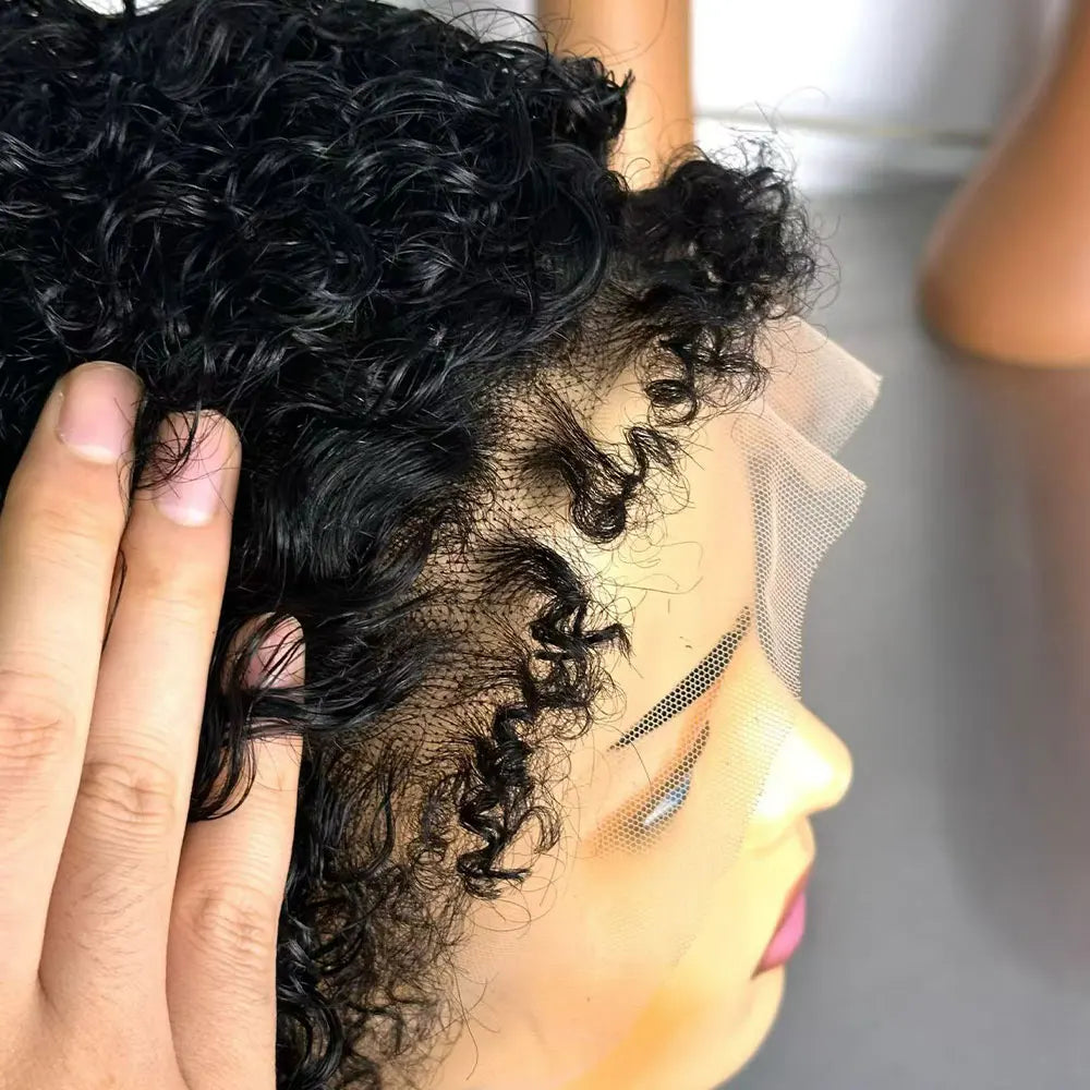 Short Curly Wig 4 Inch 13X4 Lace Front Wig With 4C Baby Hair Hairline Pixie Cut Curly Hair Wigs Human 180% Density With Drawstri
