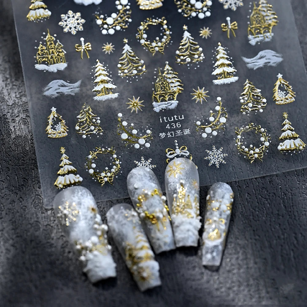 1pcs Laser Glitter Silver Purple Christmas Tree Crystal Ball Nail Sticker 5D Embossed Snowflake Christmas Nail Decals Nail Parts