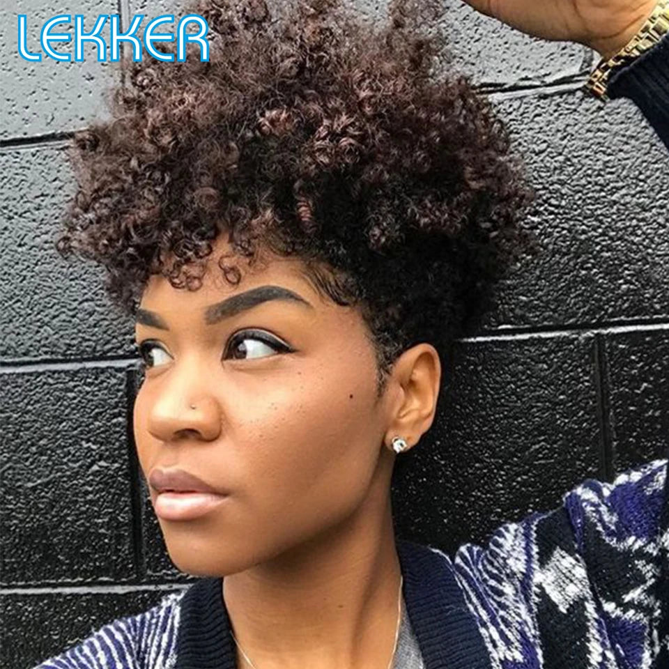 Lekker Short Pixie Cut Afro Kinky Curly Bob 100% Human Hair Wigs For Women Brazilian Remy Hair Full Machine Made Clearance Wigs