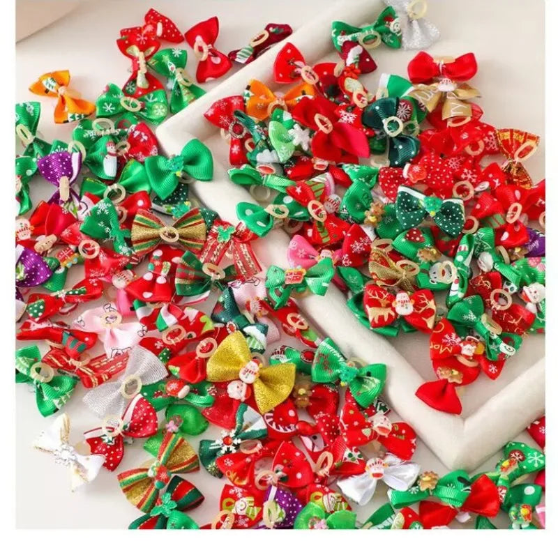 50/100pcs Christmas Pet Dog Cat Hair Bows Xmas Style Hair Rubber Bands for Puppy Small Dogs Grooming Bows Dog Hair Accessories
