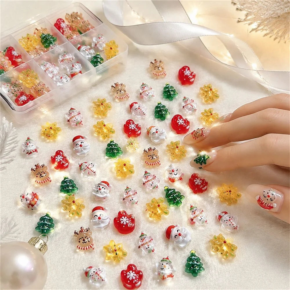 50Pcs 3D Cartoon Christmas Resin Nail Charms Santa Snowman Xmas-Tree Reindeer Mitten Bell Ornaments DIY Nail Ornament Supplies