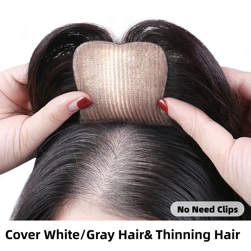 No Need Clips Invisible Skin Base Hair Toppers for Women Magic Paste Human Hair Piece Cover Thinning Hair & Gray Hair Easy Wear
