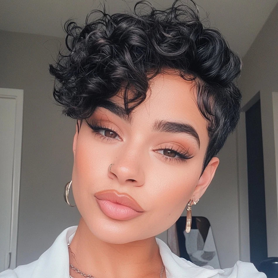 Pixie Cut Human Hair Wig for Women 6" Layered Short Loose Curly with Bangs 180% Density Remy Brazilian Hair Rose Net Cap