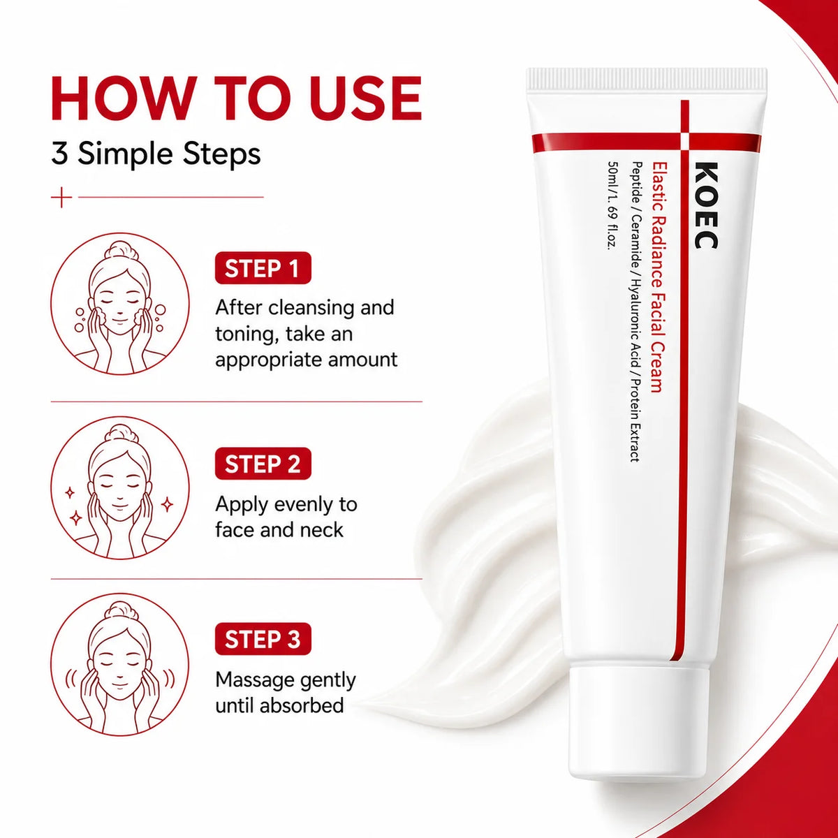 KOEC Elastic Radiance Facial Cream with Peptides, Ceramides & Centella Asiatica | Soothing Moisturizer for Face Cream, 1.69 Fl. oz