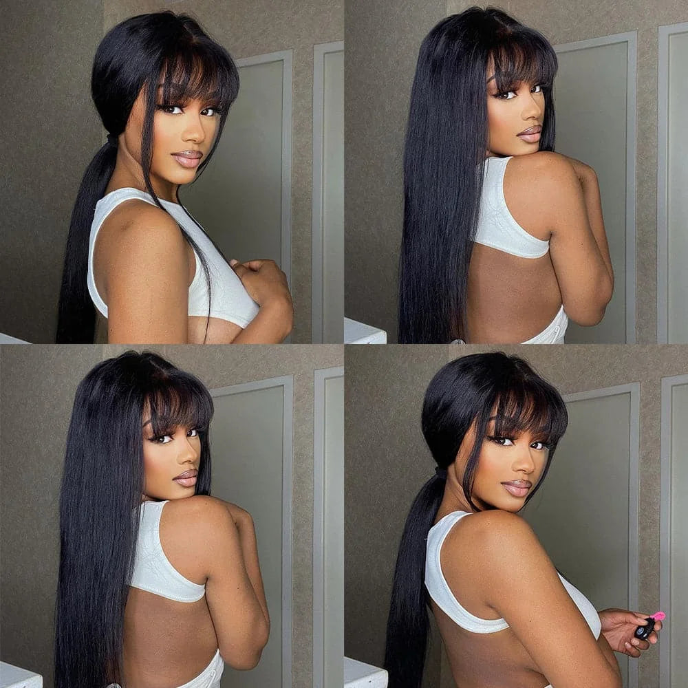 Silky Straight Human Hair Wigs With Bang Full Machine Made Wigs 8-30inch Natural Color AHJF Peruvian Remy Human Hair Wigs 220%