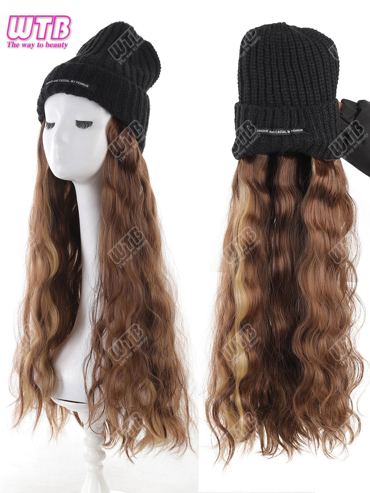 Synthetic Wig Black Hat With Long Curly Hair Extensions; Knitted Hat; Warm Ski Hat For Autumn And Winter