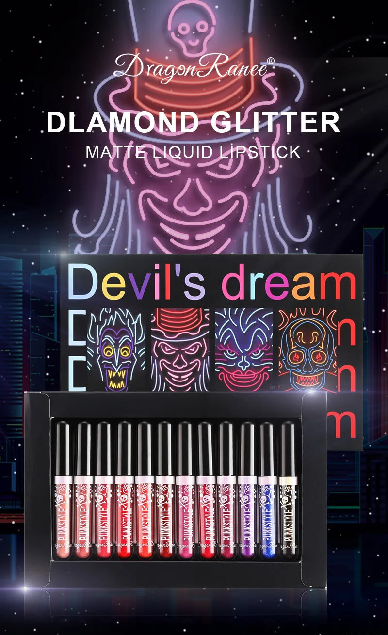 Halloween Diamond Glitter Matte Liquid Lipstick Long Lasting Waterproof Shiny Metal Lip Glaze On Stick Set