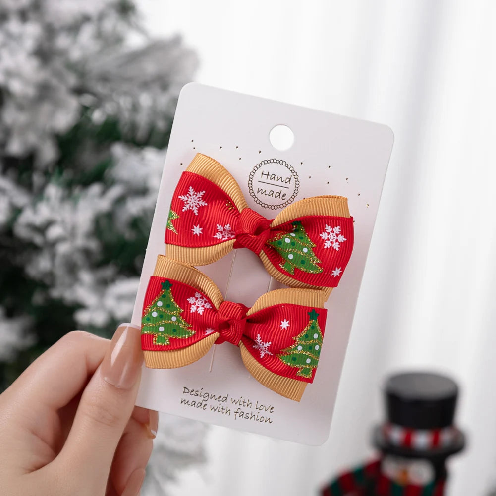 2Pcs/Set Christmas Baby Girls Hair Clips Ribbon Flower Tree Snowflake Resin Hair Bows Xmas Dance Party Hairpins Hairgrips