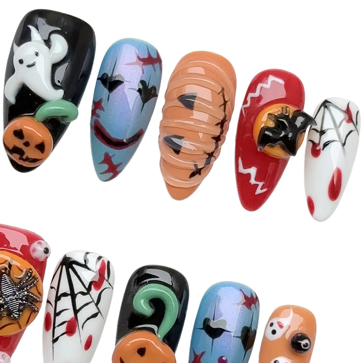 10pcs/Set Handmade Acrylic Press on Nails Mid-Length Almond Nails, Halloween Nails, 3D Pumpkin Spider Bat Ghost Fake Nails
