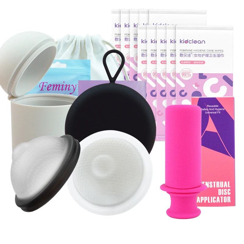 Feminy Menstrual Disc Kit Medical Grade Reusable Soft Silicone Period Disc with Sterilizer Case Applicator Leakproof Monthly Cup