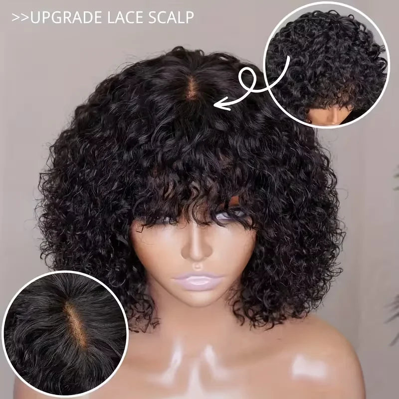 3X1 Middle Part Lace Curly Bob Wigs With Bangs Brazilian Hair Machine Made Short Bob Wig With Realistic Scalp Natural Black Color