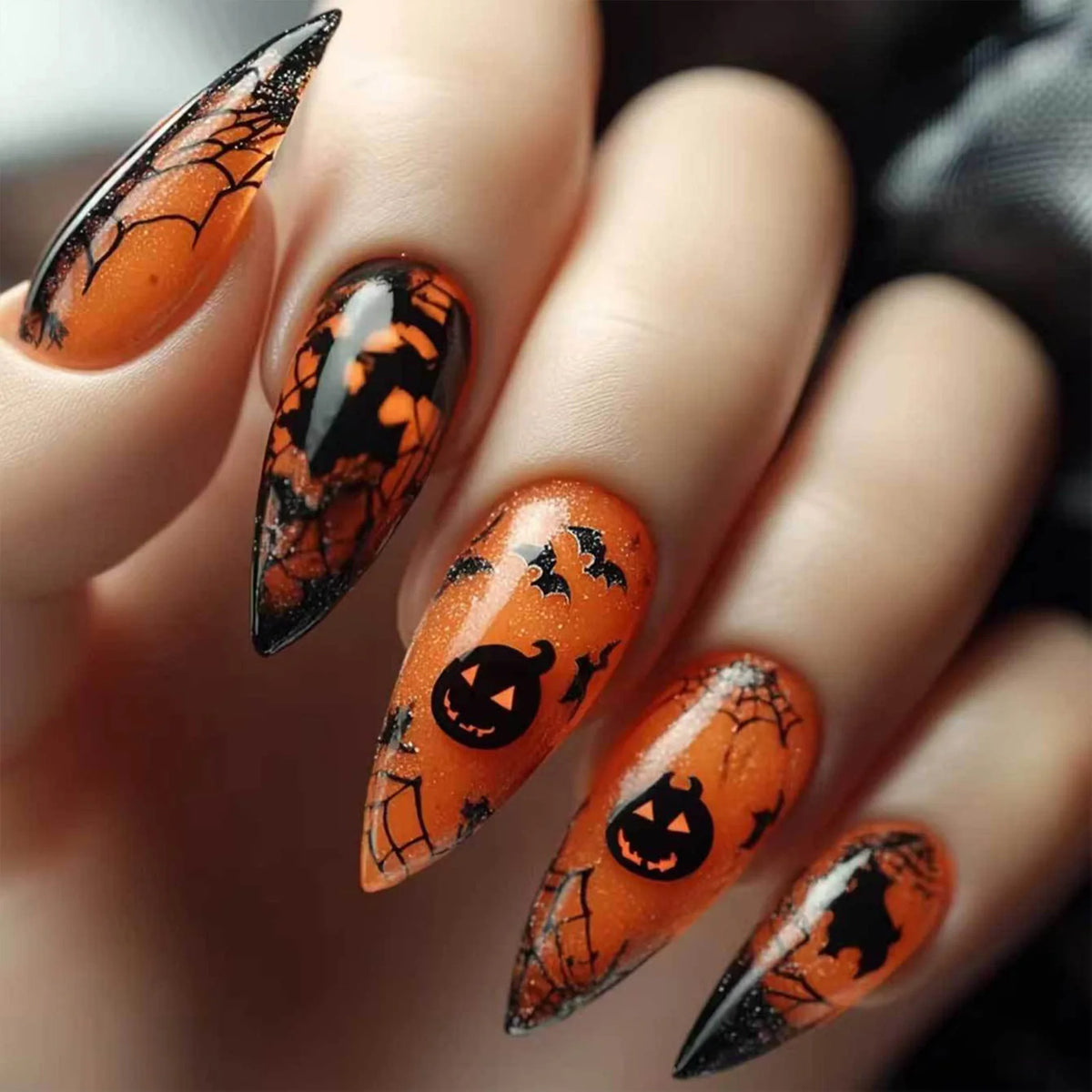 24pcs Simple Almond Press on Nails Cute White Ghost Bat Decor False Nails Wearable Reusable Spicy Cool Halloween Fake Nail Tips
