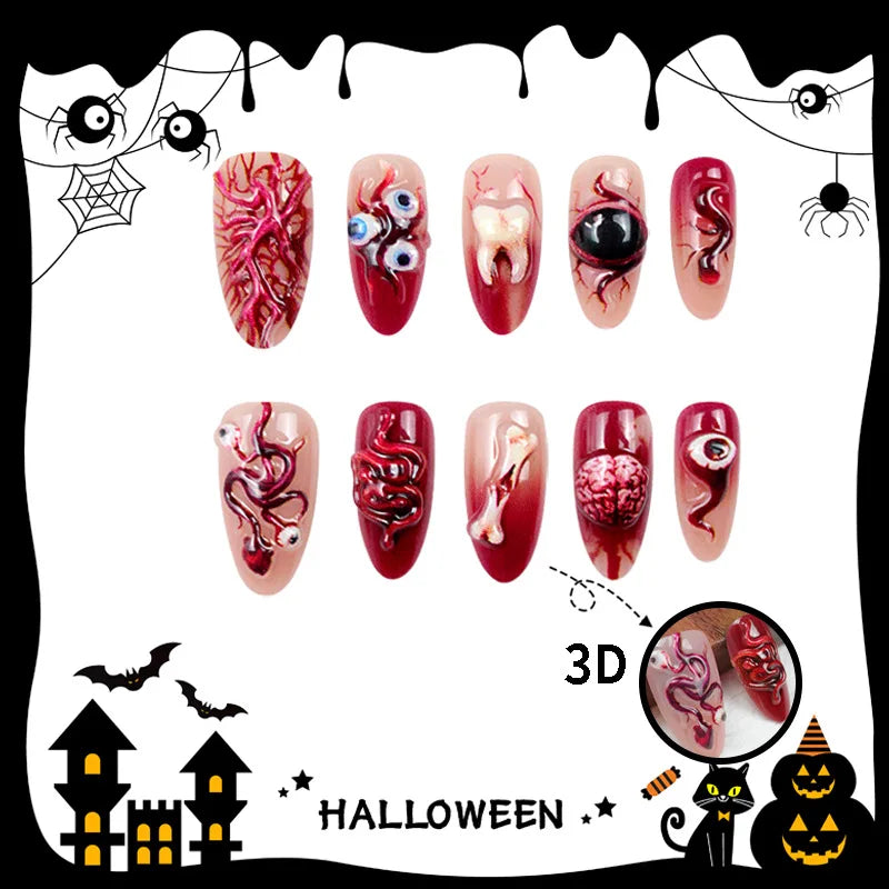30pcs Bloody Red French Style Fake Nails Spooky 3d Eyeballs Tooth Vascellum Decor Press On Nails Horror Halloween False Nail