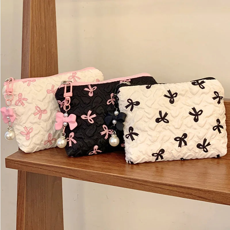 Cute Bow Travel Small Cosmetic Lipstick Portable Storage Bag Women Girls Makeup Handbags Purse Key Earphone Pouch Bags Organizer