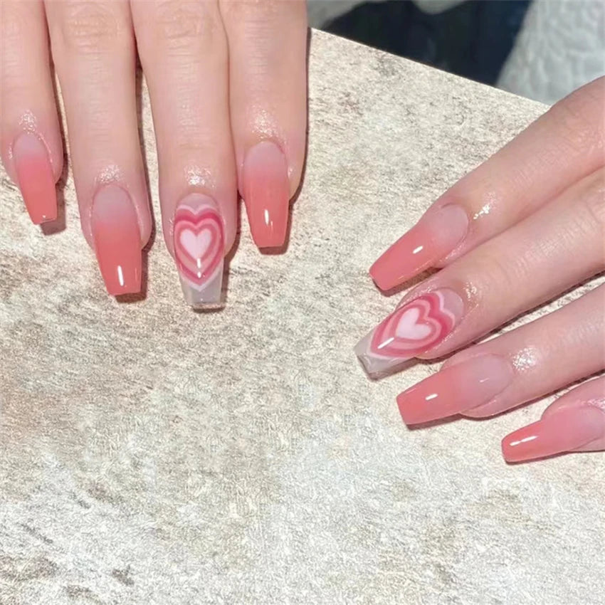 24 Pcs/Set Valentine's Day Long Almond Fake Nails Shape Novelty Pearl Bow Love Press on Nails Art Full Cover Stick-on Nails Tips
