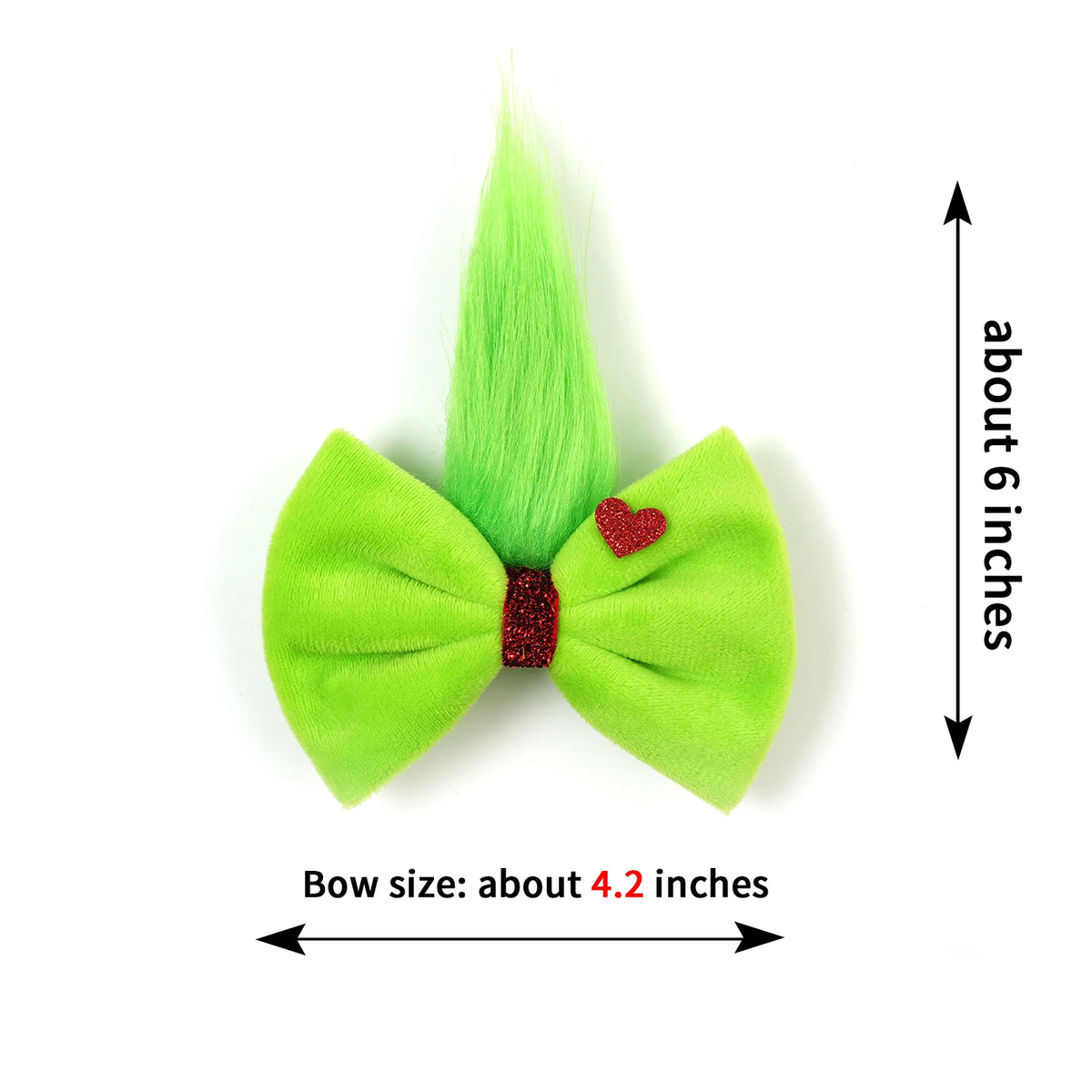 2pcs Girls Green Fuzzy Bow Christmas Grinch Ears Hair Clips Headband Glitter Heart Perfect for Holiday Parties & Photo Props