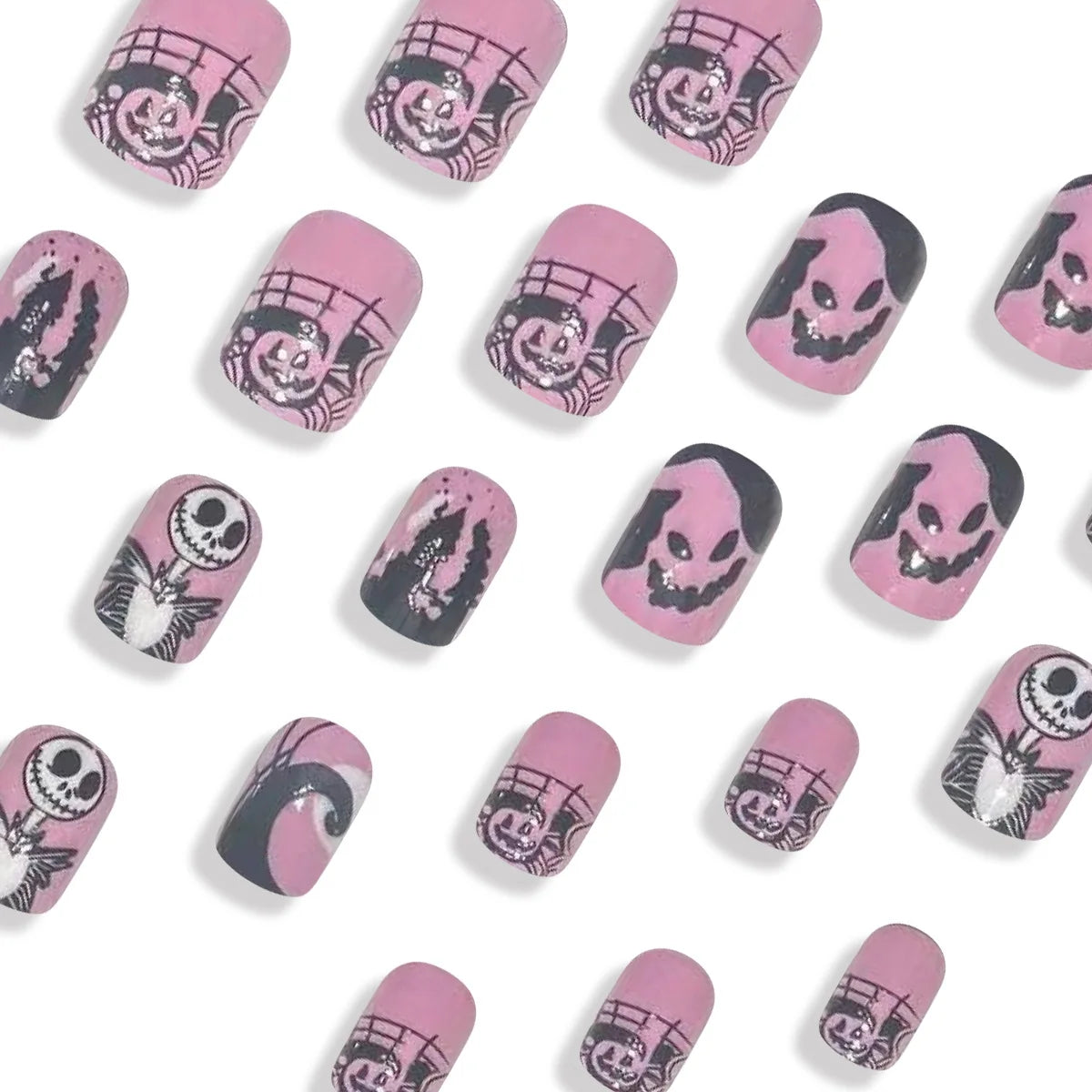 24pcs Short Halloween Fake Nail Patch Black Bat Skull Pattern False Nails Full Cover Wearable Sweet Cool Pink False Nail Tips