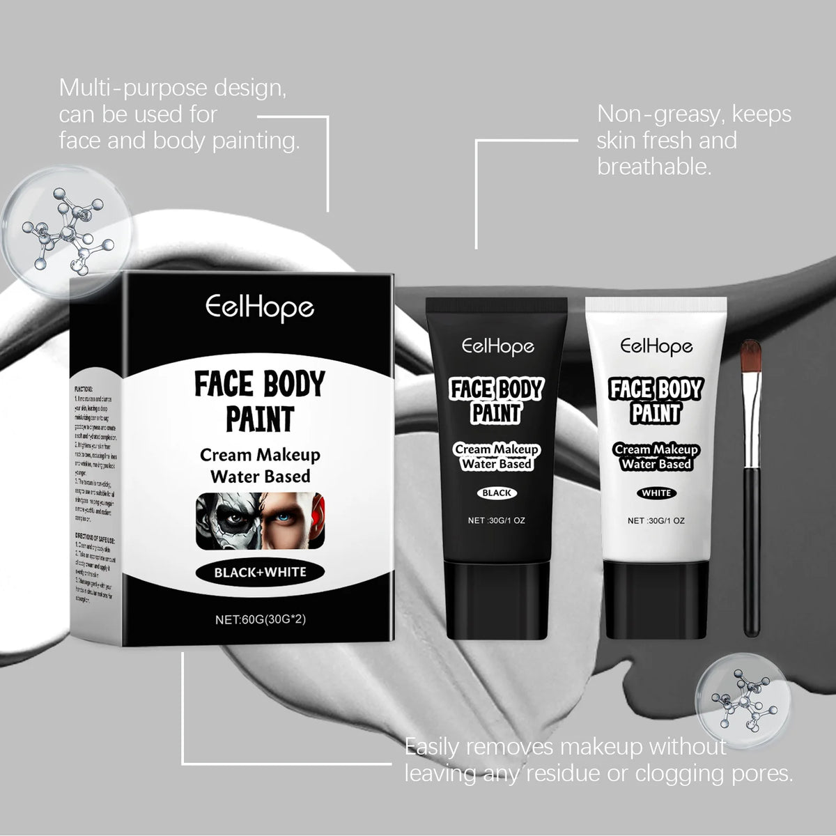 Halloween Makeup Face Body Paint With Brush Long Lasting High Coverage Mild Gentle Skin‑Friendly Halloween Skeleton Zombie