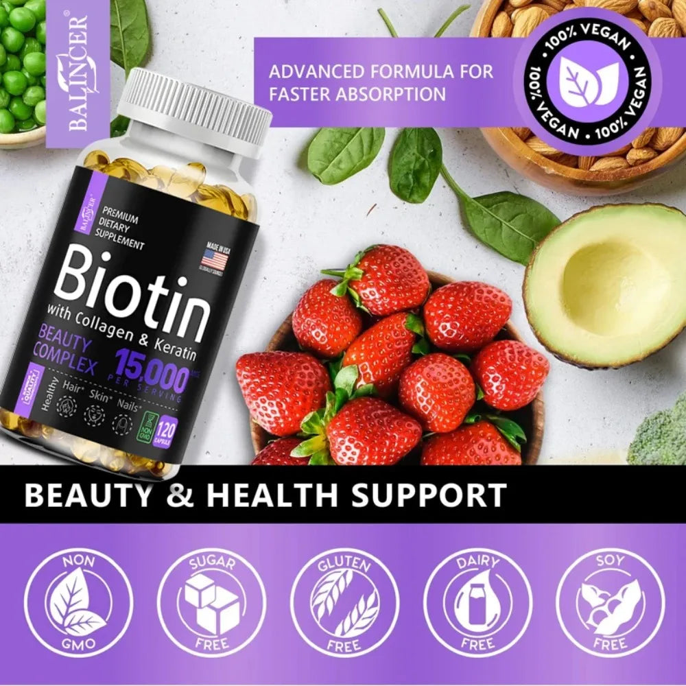 Biotin with Collagen & Keratin - Hair Growth Supplement for Women & Men, 15000 Mcg, Healthy Nails & Skin, 120 Capsules