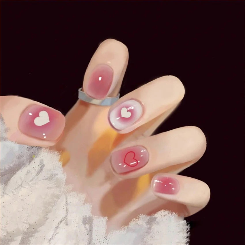 24 Pcs/Set Valentine's Day Long Almond Fake Nails Shape Novelty Pearl Bow Love Press on Nails Art Full Cover Stick-on Nails Tips