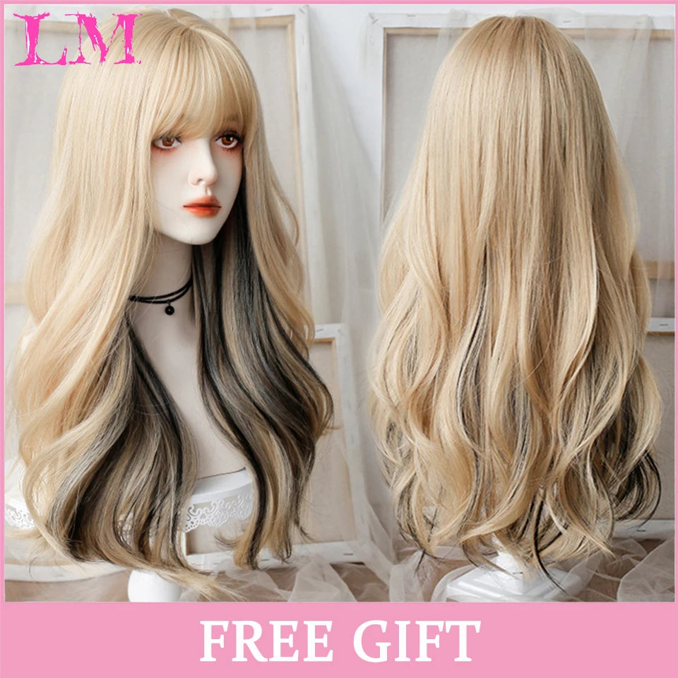 LM Light Blonde Wave Hair Wig Synthetic Long Wavy Wigs with Bangs for Women Cosplay Natural High Temperature Fiber