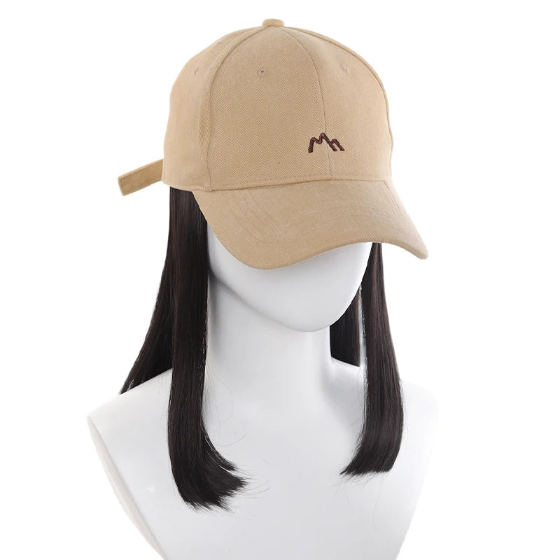 Beige Baseball Cap with 3D Mountain Embroidery + Synthetic Fiber Straight-Inner-Curl Wig – One-Piece Hair Hat for Effortless Dai