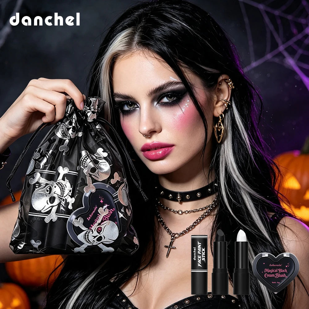 Halloween Gothic Makeup Kit Storage Bag Dark Cream Blush Black White Face Paint Stick Cosplay Party Festival Face Body Makeup