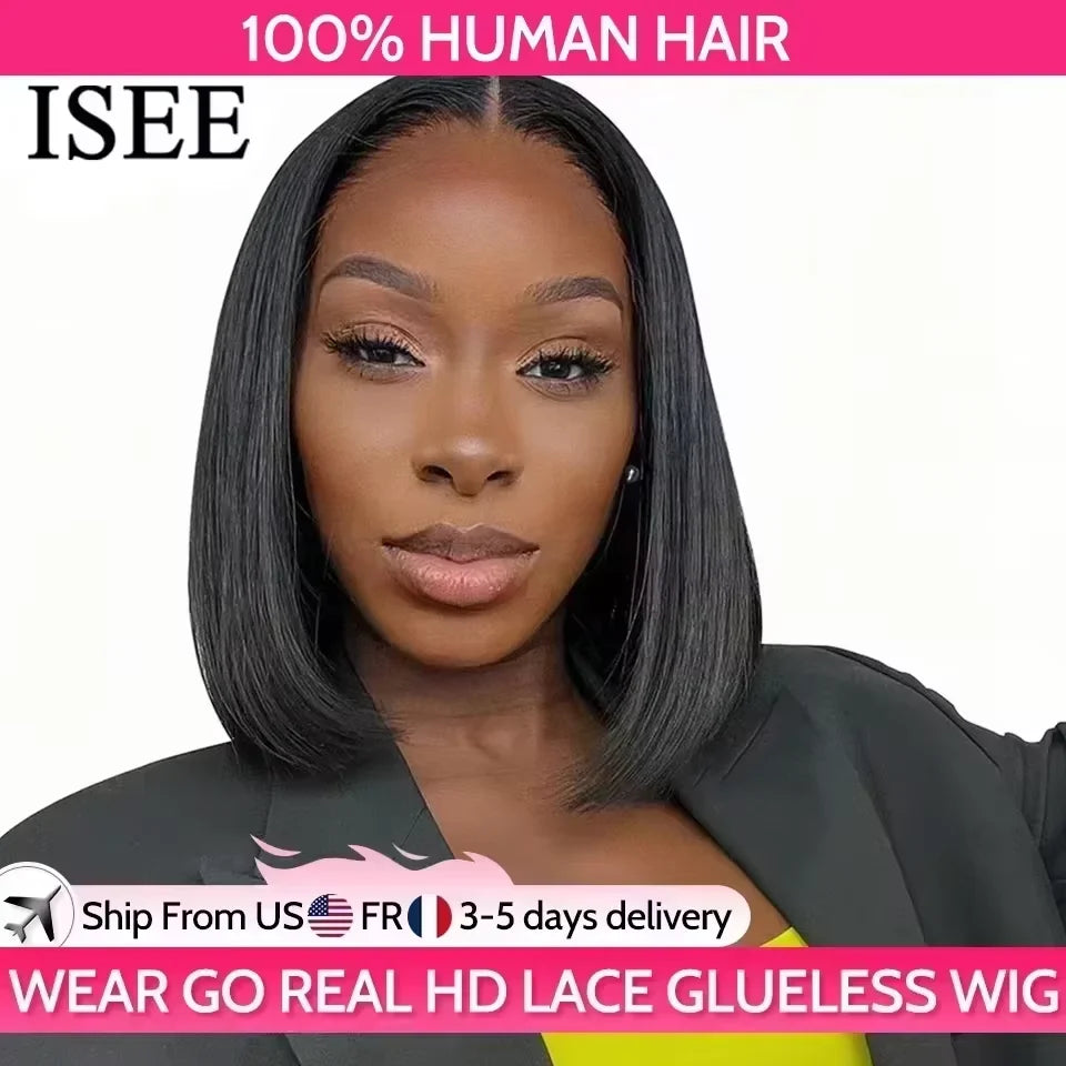 ISEE HAIR Wear And Go Glueless Human Hair Wig Bob HD Lace Straight Short Bob 7x5 Lace Frontal Pre Plucked Human Wigs Ready To Go