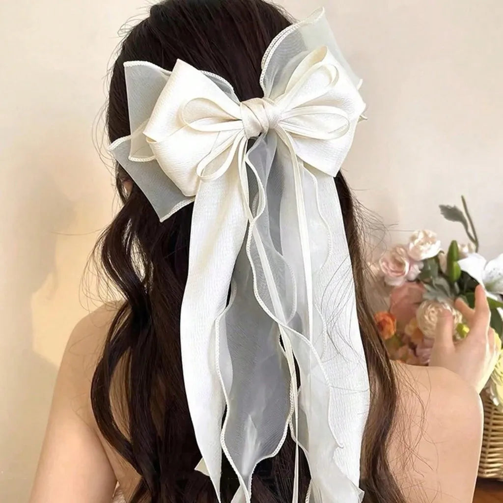 1Pcs Cute Lace Hair Bow Clip Coquette Bow Barrettes with Long Tail Ribbon for Women Christmas Valentines Wedding Accessories