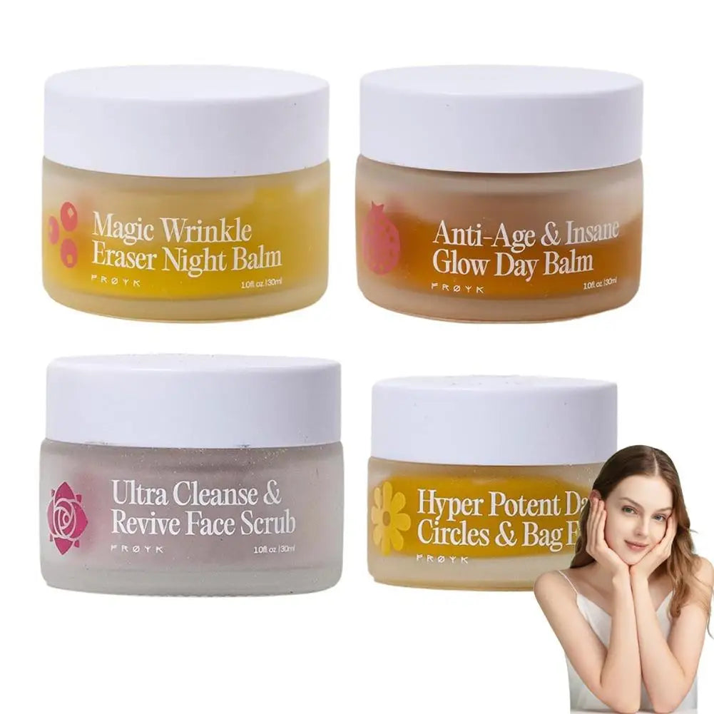 Froya Organics The Complete System For Mature Women's Skin Set Magic Wrinkle Eraser Night Balm Insane Glow Day Brand Cream Set