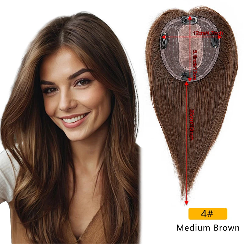 10 Inch 100% Human Hair 13X12cm Hairnet Clip in Hair Topper Extension with Bangs Top Wig Piece for Women Daily Life