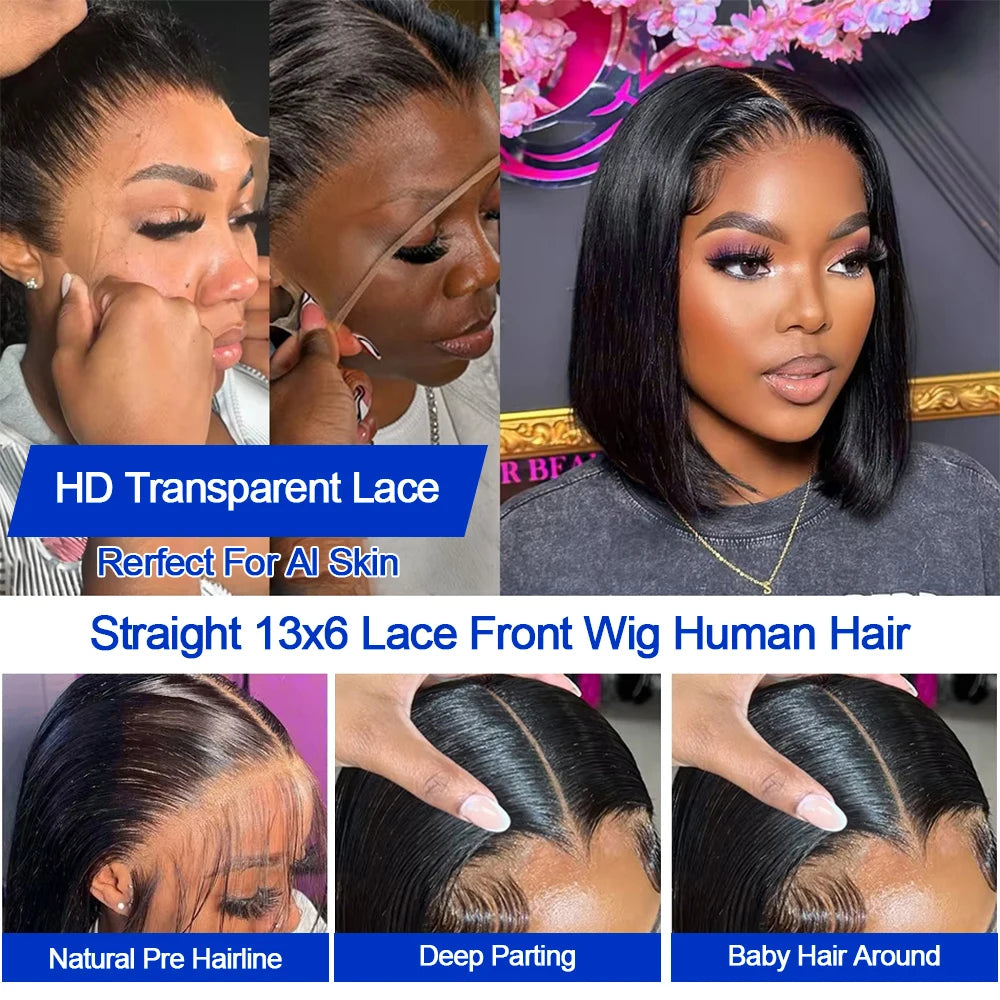 Brazilian HD Transparent 13x4 Bone Straight Short Bob Human Hair Wigs 13x6 Straight Lace Front Wigs For Women 250 Density