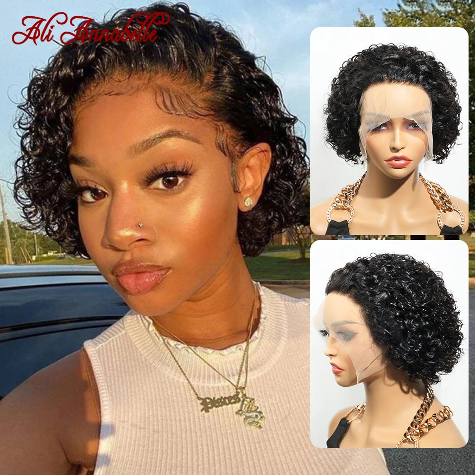 Ali Annabelle 13X1 Lace Part Curly Bob Wigs Human Hair Wigs For Women Short Pixie Cut Curly Bob Wigs Brazilian Transparent 150%