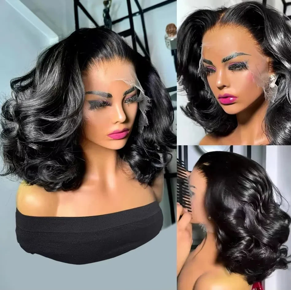 13x6 Hd Lace Frontal Wigs Glueless Human Hair Short Bob Wigs Body Water Wave Lace Front Wigs Brazilian Virgin Hair Natural Black