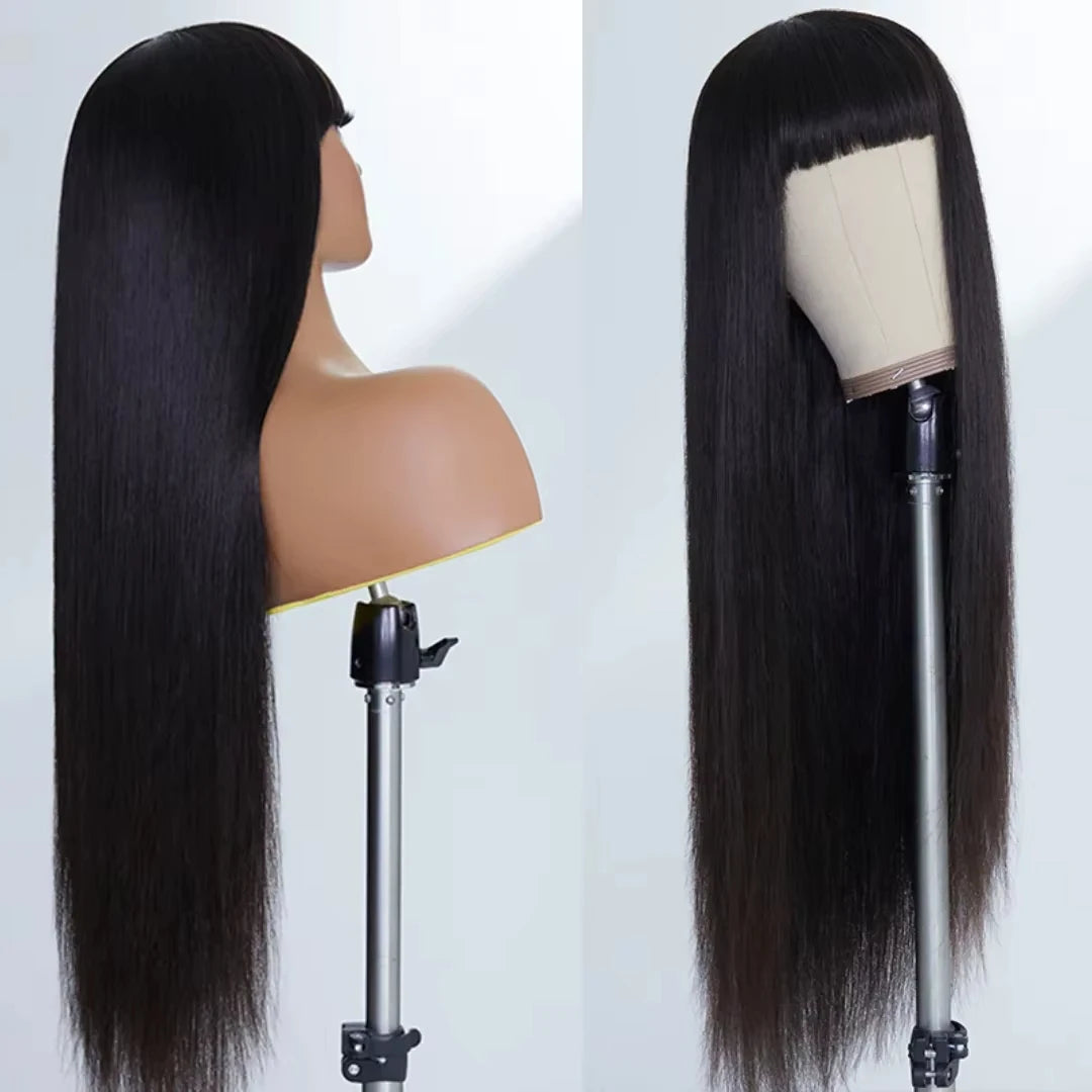 Rosslyn Straight Human Hair Wigs With Bangs 1b Black Wig Not Lace Natural Color Full Machine Wig From Brazilian Original
