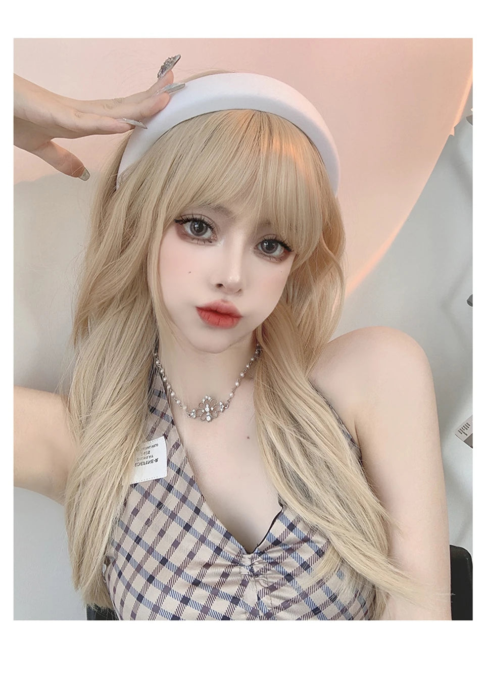 LM Light Blonde Wave Hair Wig Synthetic Long Wavy Wigs with Bangs for Women Cosplay Natural High Temperature Fiber