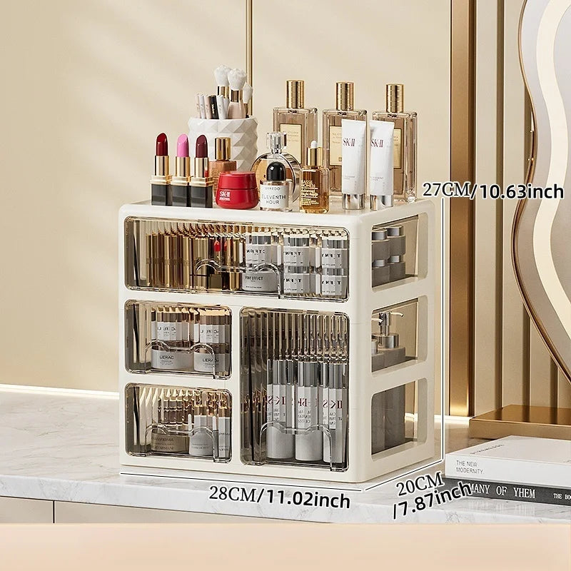 Cream Color Cosmetics Box,Multi-compartment Lipstick/Mask Organizer,Drawer Dresser for Skincare/Makeup Brushes,1–4 tiers