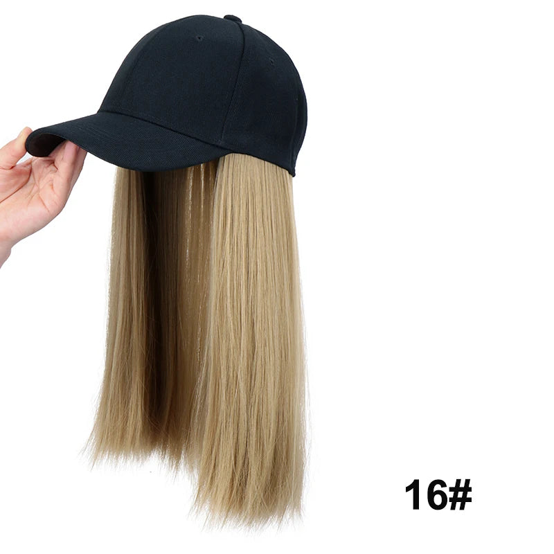 18Inch Synthetic Long Straight Hair Extension Baseball Cap  Adjustable Black Blonde Hairpiece Fashion Hat Wig