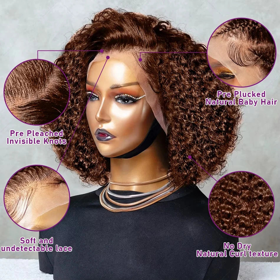 250% Dark Brown Deep Wave Short Bob Wig Human Hair Curly Transparent Lace 13x4 Human Hair Wigs Pre Plucked 10-16 Inch