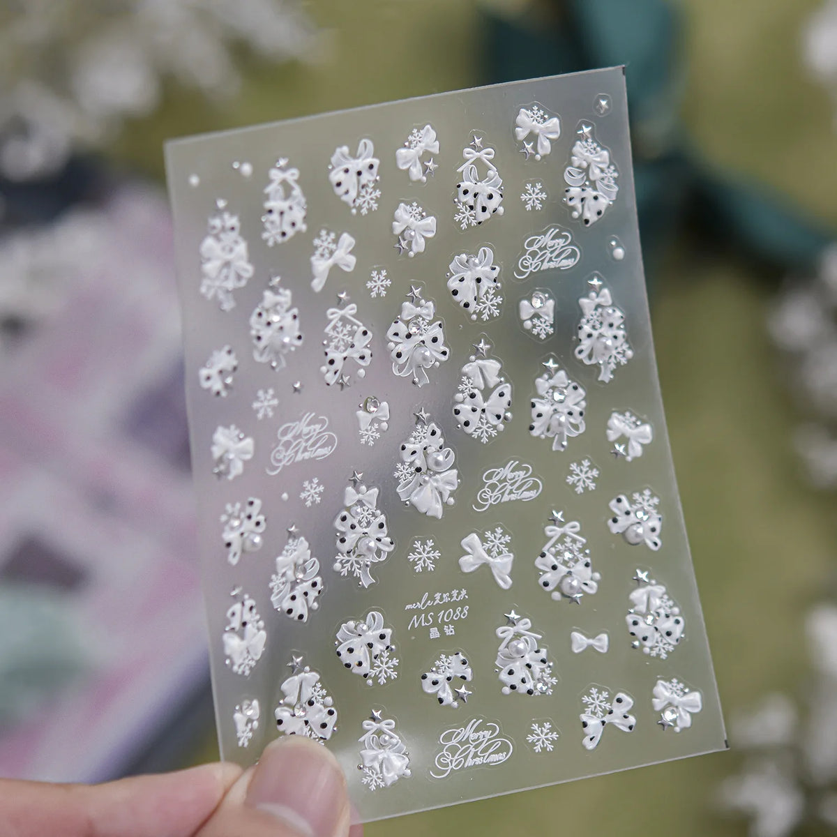 1Sheet 5D Embossed Christmas Ribbon Nail Decals Snowflake Pearl Star Stickers Decor for Nails Phone Case Resin DIY Craft
