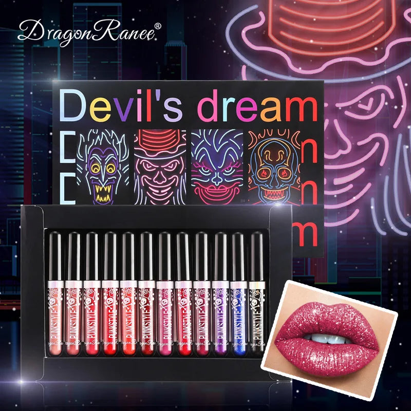 Halloween Diamond Glitter Matte Liquid Lipstick Long Lasting Waterproof Shiny Metal Lip Glaze On Stick Set