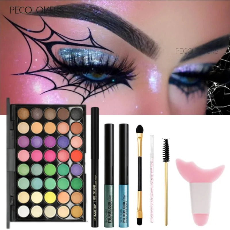 8PCS Face Set, Multi-color Eye Shadow Plate+eye Black+eyeliner Pen+makeup Tools, Waterproof and Durable, Halloween Makeup