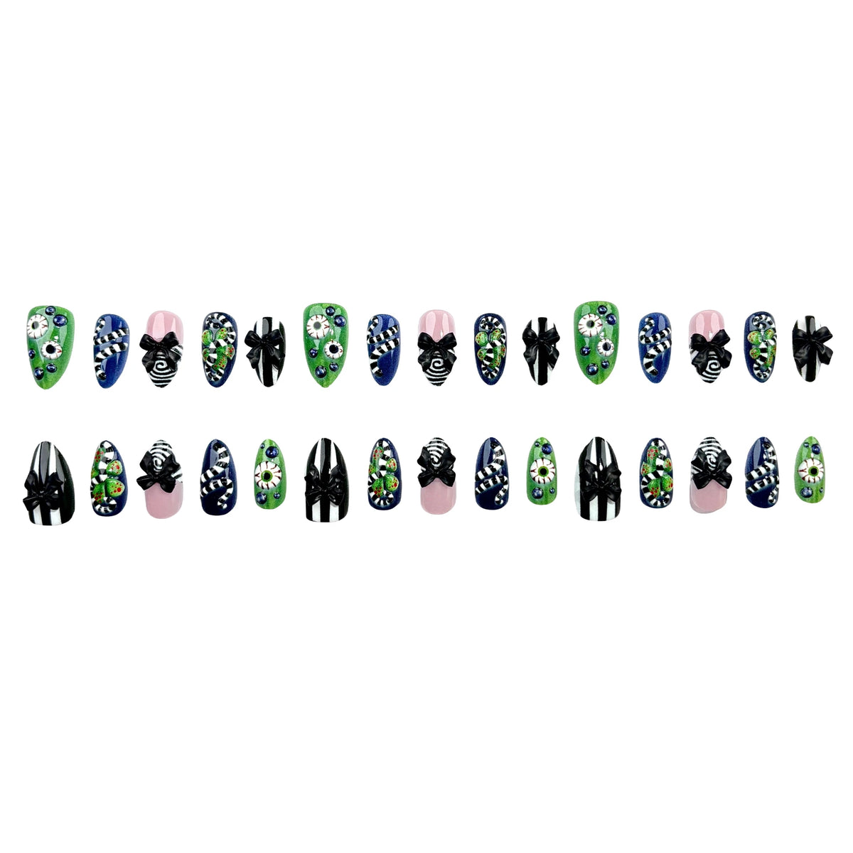 30pcs 3D Spooky Eyeballs Press On Nails Halloween Theme Horror Almond False Nails With Bows Black White Stripes Decor Fake Nail