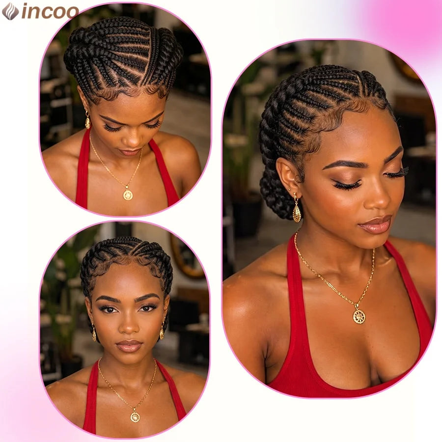 Short Bantu Knotless Braided Wigs Synthetic Full Lace Wig Box Braids Low Buns Wig Glueless Cornrow Braiding Hair Wigs For Women