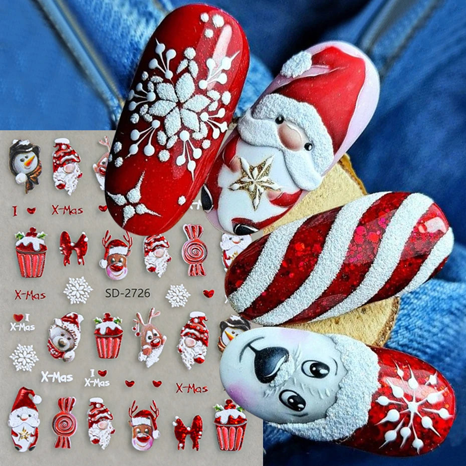 2 pcs Christmas Series Nail Stickers Cartoon Santa Claus Snowman Deer Bear Penguin Nail Decals Winter Xmas Holiday Nail Supplies